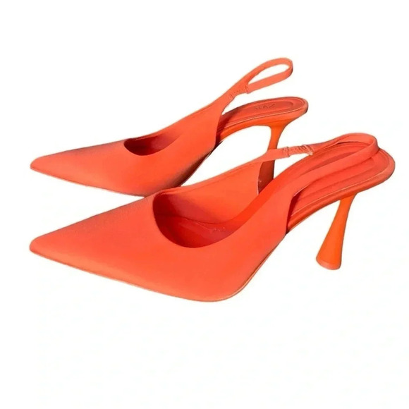 ZARA | Neon Orange Sling Back Pointy Toe Heels Size 9.5 (EU 40) - Picture 3 of 7